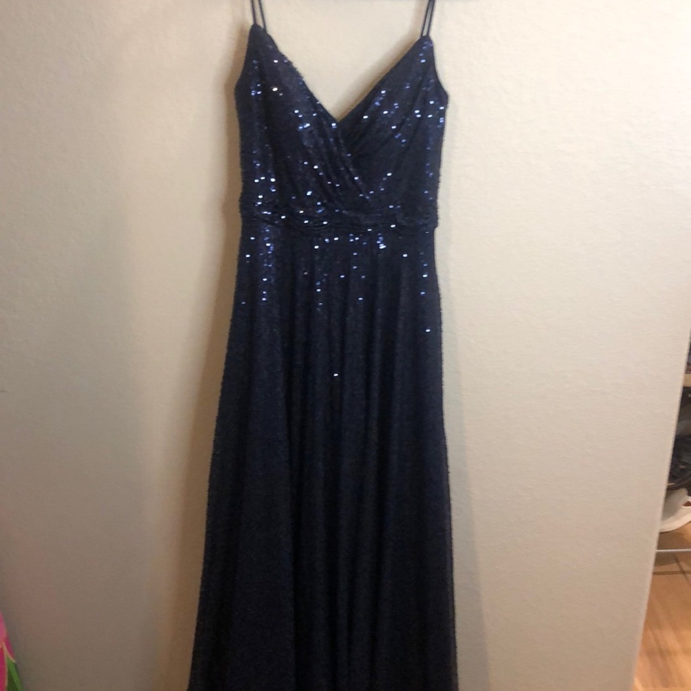 La Femme beaded sparkly Navy Blue Floral Lace tulle women Gown size 10. Stunning